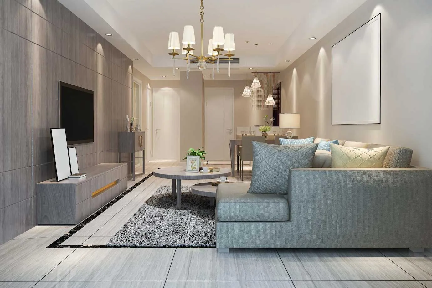 Elegant living room with blue ottoman