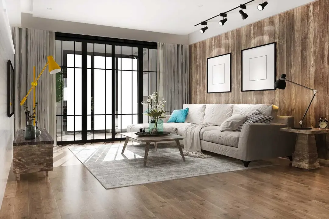 Elegant living room with blue ottoman